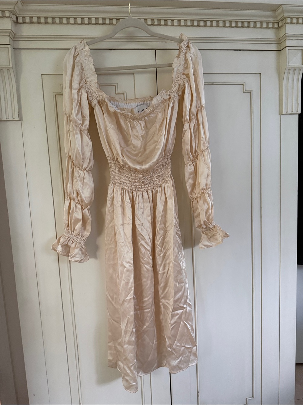 100% Silk SLEEPER Michelin dress-  Cream Smocked Midi, Medium